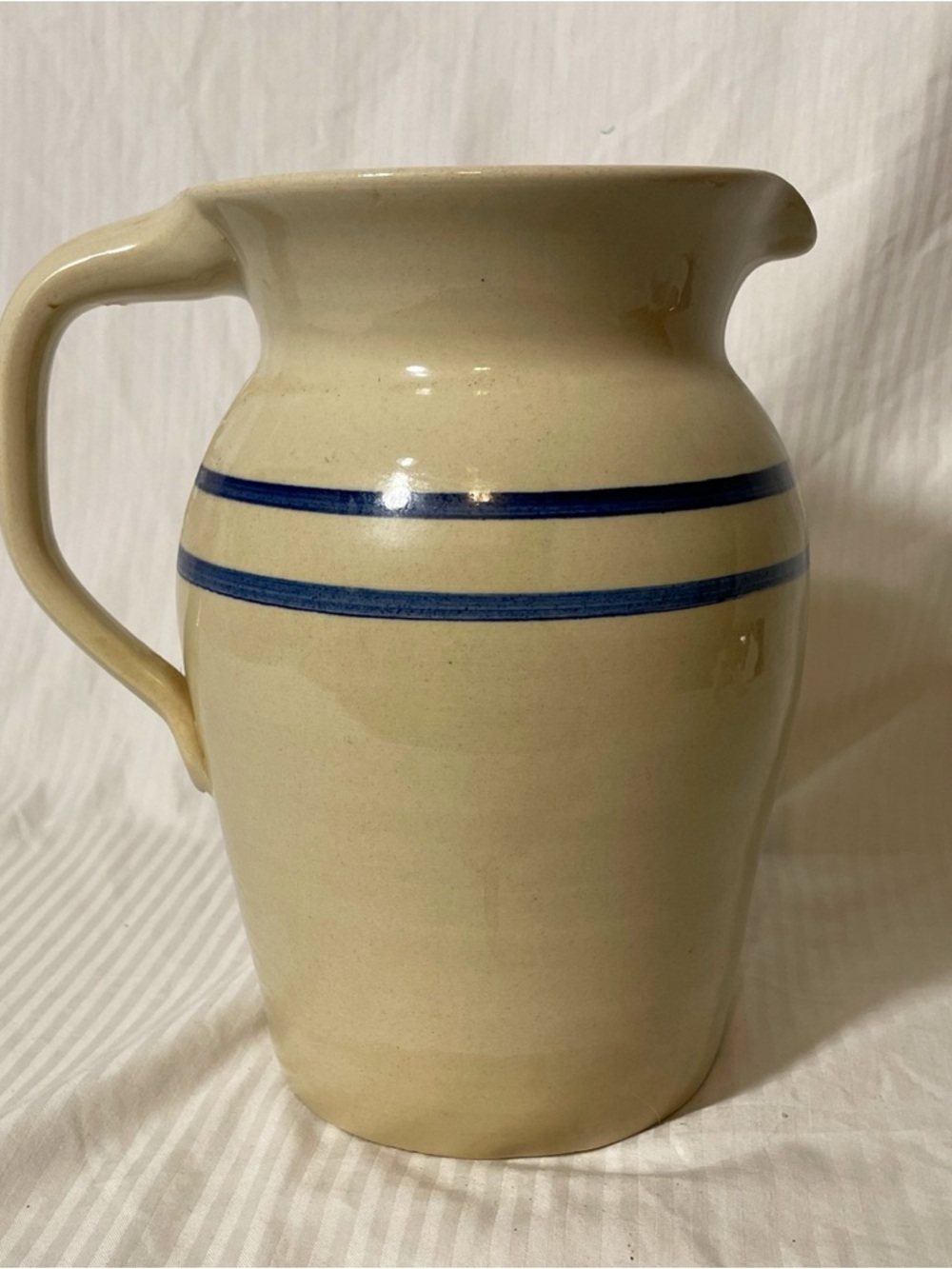 Vintage Marshall Pottery Cream colored Ceramic Pitcher with Blue Stripes